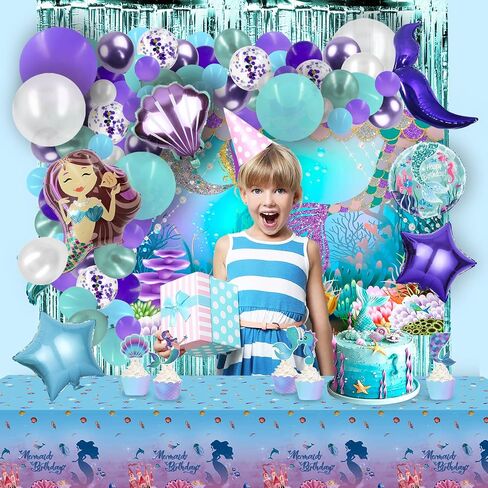 PARTY SPOT!112 PCS Little Mermaid Party Decorations,Girls Mermaid Balloon Garland with Background Cloth,Tablecloth Mermaid Tail Balloon,Tassel Curtain Birthday Decorations in Kuwait