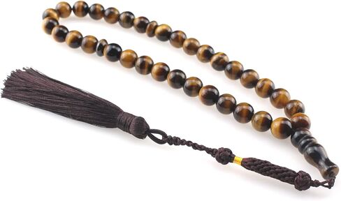 سبحة تسبيح اسلامية من بيروندي، 33 خرزة، خرز حجر عين النمر 10 ملم، خرز مصنوع يدويا بشراشيب بلون الشوكولاتة، خرز عين النمر in Kuwait