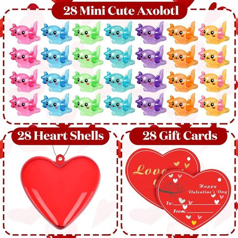 Syhood 28 Packs Valentines Day Hearts Filled with Axolotl with Valentine Cards Cute Stress Relief Resin Animal Axolotl for Kids Valentine Party Favors School Game Prize Classroom Gift Exchange in Saudi Arabia