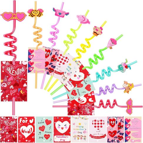 MAIAGO 24 عبوة من شفاطات الشرب القابلة لإعادة الاستخدام في عيد الحب مع قطعتين من فرش التنظيف و24 بطاقة لتبادل الفصول المدرسية للأطفال، هدايا حفلات عيد الحب للأطفال، حشوات لحقائب عيد الحب، 8 أنماط in Kuwait