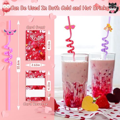 MAIAGO 24 عبوة من شفاطات الشرب القابلة لإعادة الاستخدام في عيد الحب مع قطعتين من فرش التنظيف و24 بطاقة لتبادل الفصول المدرسية للأطفال، هدايا حفلات عيد الحب للأطفال، حشوات لحقائب عيد الحب، 8 أنماط in Kuwait