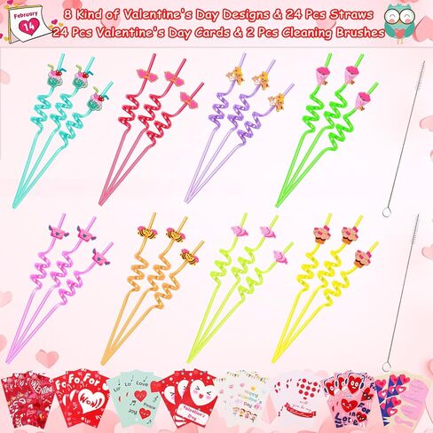 MAIAGO 24 عبوة من شفاطات الشرب القابلة لإعادة الاستخدام في عيد الحب مع قطعتين من فرش التنظيف و24 بطاقة لتبادل الفصول المدرسية للأطفال، هدايا حفلات عيد الحب للأطفال، حشوات لحقائب عيد الحب، 8 أنماط in Kuwait