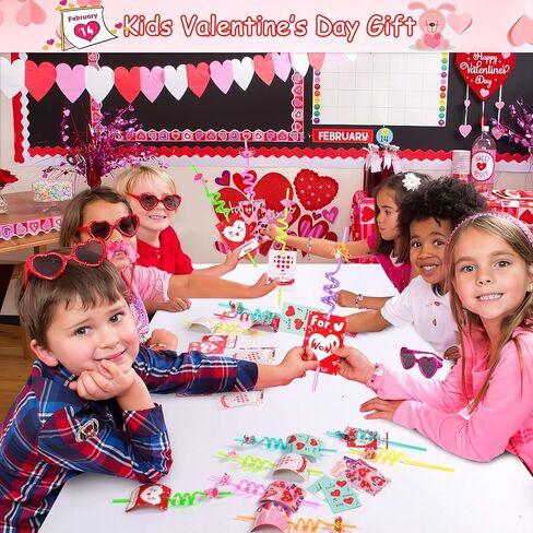 MAIAGO 24 عبوة من شفاطات الشرب القابلة لإعادة الاستخدام في عيد الحب مع قطعتين من فرش التنظيف و24 بطاقة لتبادل الفصول المدرسية للأطفال، هدايا حفلات عيد الحب للأطفال، حشوات لحقائب عيد الحب، 8 أنماط in Kuwait