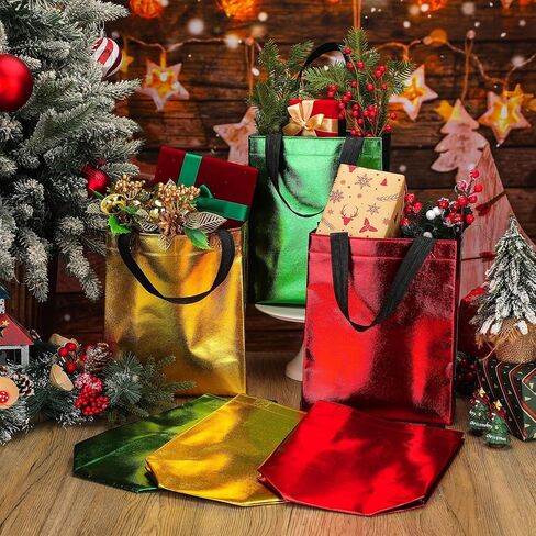 Paterr 72 Pieces Gift Bags Christmas Reusable Shiny Shopping Bags with Handles Medium Size Glossy Grocery Goodies Bags Bulk for Xmas Birthday Wedding Thanksgiving Party Favors, 10 x 8 x 4 Inch in Kuwait