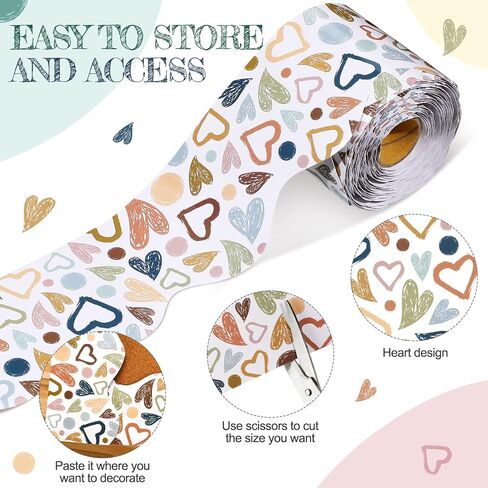 Eaasty 69 ft Valentine's Day Heart Classroom Borders Boho Bulletin Board Border Colorful Paper Rolled Teachers Die Cut Trimmer Border Valentine Class Chalkboard Wall Decor in Saudi Arabia