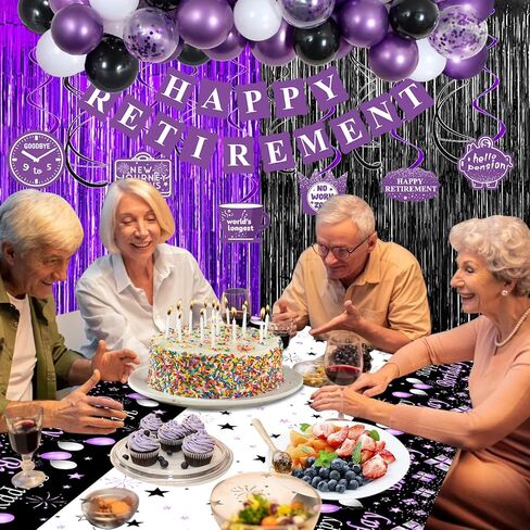 ديكورات حفلات التقاعد للنساء، أرجواني أسود ديكورات تقاعد سعيد 2023 لافتة تقاعد سعيد مفرش طاولة من رقائق معدنية ستائر مكتبية لوازم حفلات التقاعد للمعلمين وزملاء العمل in Kuwait