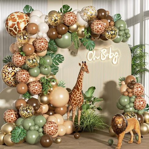 FOTIOMRG 162pcs الغابة سفاري بالون قوس مجموعة إكليل، حكيم الأخضر القهوة براون الحيوان طباعة بالونات أوراق النخيل لاستحمام الطفل الغابات الأولاد اثنين البرية زينة حفلة عيد ميلاد in Kuwait