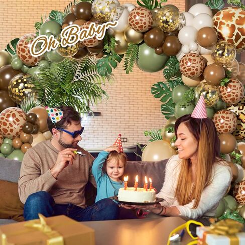 FOTIOMRG 162pcs الغابة سفاري بالون قوس مجموعة إكليل، حكيم الأخضر القهوة براون الحيوان طباعة بالونات أوراق النخيل لاستحمام الطفل الغابات الأولاد اثنين البرية زينة حفلة عيد ميلاد in Kuwait