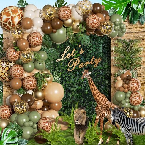 FOTIOMRG 162pcs الغابة سفاري بالون قوس مجموعة إكليل، حكيم الأخضر القهوة براون الحيوان طباعة بالونات أوراق النخيل لاستحمام الطفل الغابات الأولاد اثنين البرية زينة حفلة عيد ميلاد in Kuwait