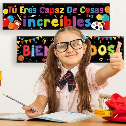 2 Pieces Bienvenidos Sign Spanish Welcome Banners Spanish Banner Inspirational Posters Spanish Motivational Banner with 40 Pieces Adhesive Dots for Toddler Kids Students Spanish Classroom Decorations in Saudi Arabia