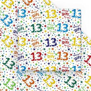 WRAPAHOLIC Birthday Wrapping Paper Sheet - 6 Sheets Colorful 13th Birthday Design Folded Flat for Birthday, Party, Baby Showers - 19.7 Inch X 27.5 Inch Per Sheet