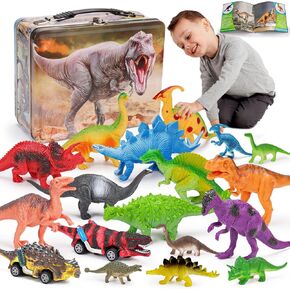 Tsomtto 20 PCS Dinosaur Toys for Kids 3-5 5-7 with Metal Storage Box Jurassic Dinosaur Figures Pull Back Car Toys for 2 3 4 Year Old Boy Girl Toddler Toys Age 2-4 Dino Book Party Favors 4-8 in Kuwait