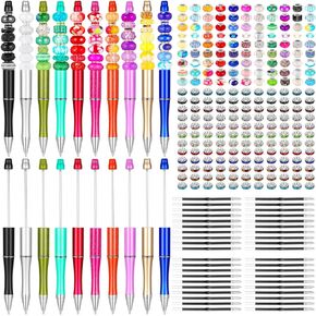 Geyee 300 Pcs Plastic Beadable Pen Assorted Set, 20 Bead Ballpoint 40 Extra Refill 240 Crystal Rhinestone Loose Bead DIY Pen for Back to School Supplies(Bright Color,Classic Style)