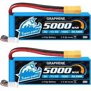 Yowoo 3S Lipo Battery 5000mAh 150C 11.1V Graphene Lipo Battery with XT60 / TR Plug Connector for RC Airplane Helicopter Quadcopter Boat E-Maxx Axial RC Cars Truck Buggy Truggy Hobby (2 Pack) in Kuwait