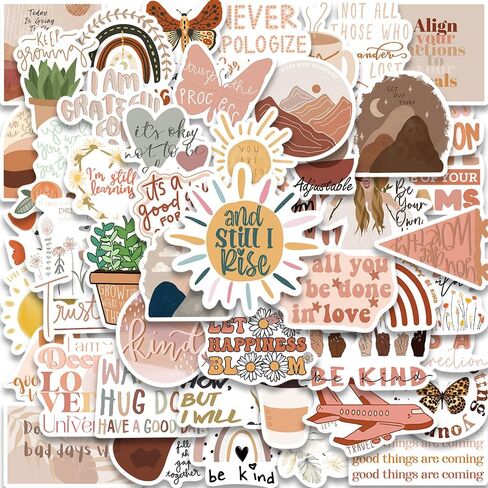 50PCS Aesthetic Boho Stickers, Encourage Motivate Inspiring Bohemian Minimalist Cute Vinyl Waterproof Stickers for Water Bottles Laptop Phone Journaling Scrapbook Journal, Scrapbooking Supplies Kit, in Saudi Arabia
