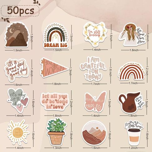 50PCS Aesthetic Boho Stickers, Encourage Motivate Inspiring Bohemian Minimalist Cute Vinyl Waterproof Stickers for Water Bottles Laptop Phone Journaling Scrapbook Journal, Scrapbooking Supplies Kit, in Saudi Arabia