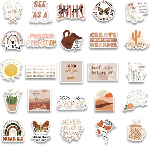 50PCS Aesthetic Boho Stickers, Encourage Motivate Inspiring Bohemian Minimalist Cute Vinyl Waterproof Stickers for Water Bottles Laptop Phone Journaling Scrapbook Journal, Scrapbooking Supplies Kit, in Saudi Arabia