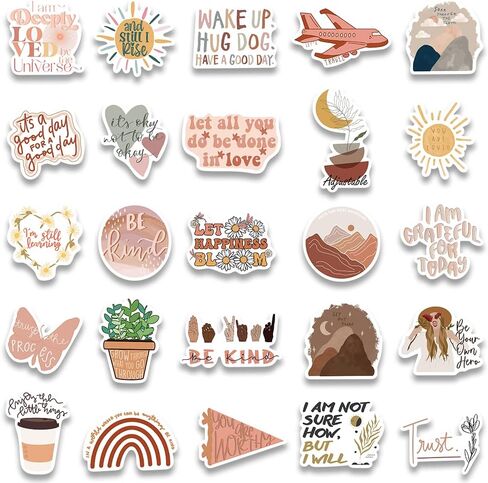 50PCS Aesthetic Boho Stickers, Encourage Motivate Inspiring Bohemian Minimalist Cute Vinyl Waterproof Stickers for Water Bottles Laptop Phone Journaling Scrapbook Journal, Scrapbooking Supplies Kit, in Saudi Arabia