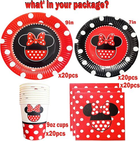 لوازم حفلات اعياد الميلاد بتصميم ميني احمر من بيجكوكي، تتضمن 40 طبق و20 منديل و20 كوب للبنات لتزيين حفلات ميني in Kuwait