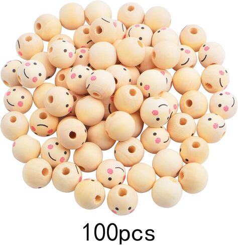 100pcs 16 mm Smile Face Natural Wood Beads Round Ball Smiley Wooden Spacer Beads Head Loose Crafts Beads for DIY Jewelry Making Chiristmas Tree Wreath Decoration, Hole: 4 mm in Kuwait