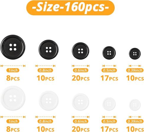 Jawflew Mixed Sewing Buttons 160PCS 4 Holes Buttons 5 Sizes Resin Button with Separate Compartment Storage Box, Suit for Sewing, Craft Projects and Holiday Decoration (Pack of 160) in Kuwait