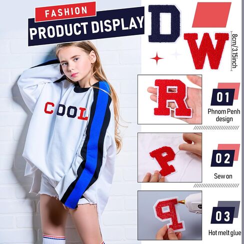 156 Pieces Chenille Letter Patches Iron on Large 3.2"H x 2.4"W College Varsity Letters Patches for Clothing Embroidered Trimmed Preppy Alphabet Patches for Letterman Jackets Jeans (White, Red, Blue) in Saudi Arabia