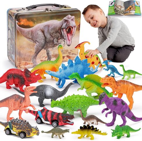 Tsomtto 20 PCS Dinosaur Toys for Kids 3-5 5-7 with Metal Storage Box Jurassic Dinosaur Figures Pull Back Car Toys for 2 3 4 Year Old Boy Girl Toddler Toys Age 2-4 Dino Book Party Favors 4-8 in Kuwait