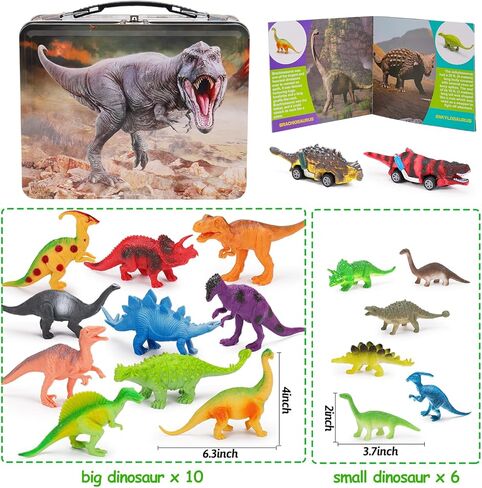 Tsomtto 20 PCS Dinosaur Toys for Kids 3-5 5-7 with Metal Storage Box Jurassic Dinosaur Figures Pull Back Car Toys for 2 3 4 Year Old Boy Girl Toddler Toys Age 2-4 Dino Book Party Favors 4-8 in Kuwait