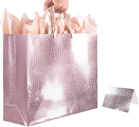 Lyforpyton Extra Large Rose Gold Gift Bags with Tissue Paper and Card 17"x12.6"x5.1" Alligator Pattern Gift Paper Bag for Birthday, Wedding, Anniversaries in Saudi Arabia