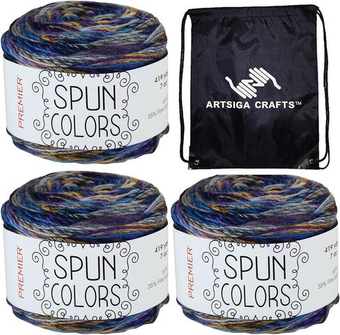 Premier Knitting Yarn Spun Colors Worsted Mallard 1110-05 (3-Skeins) Same Dye Lot Worsted Medium #4 Soft 65% Acrylic, 35% Fine Merino Superwash Wool Bundle with 1 Artsiga Craft Bag in Saudi Arabia