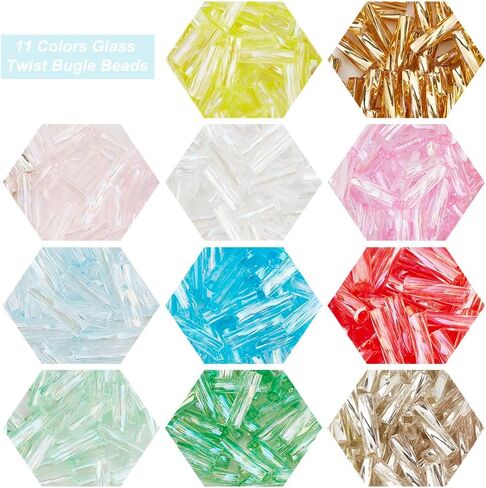 PH PandaHall 2200Pcs 11 Colors Twist Bugle Beads, 6x2mm Long Tube Beads Glass Seed Beads Colorful Craft Beads Loose Spacer Bead for Earrings Bracelets Necklaces Waist Chain Jewelry DIY Crafts Making in Saudi Arabia