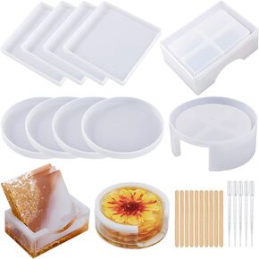 قوالب كوستر الراتنج مجموعة سيليكون 10 قطع، قوالب كوستر إيبوكسي الراتنج لصب الراتنج، 2 قطعة حامل، 4 قطع مربع و 4 قطع قواعد أكواب دائرية للحرف اليدوية، الحصير الكئب، ديكور المنزل in Kuwait