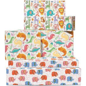 CENTRAL 23 Wrapping Paper for Boys (x6) Sheets - Dinosaurs and Safari Animals - For Girls - New Baby Birthday Gift Wrap - Green and Blue - Recyclable in Saudi Arabia