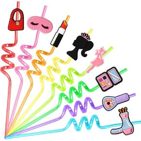 Lidmada 24Pcs Pink Dolls Party Favors Reusable Plastic Straws, Pink Girls Head Straws with 8 Designs for Baby Kids Spa Makeup Princess Party Supplies Decorations, 2Pcs Cleaning Brushes in Kuwait