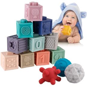 BOBXIN 15 قطعة من ألعاب مكعبات الأطفال، مكعبات تراص ناعمة، كرات حسية للأطفال، ألعاب حمام الرضع، الضغط على اللعب مع أرقام وأشكال الحيوانات، لعبة الفواكه والأنسجة للأطفال الصغار بعمر 6 أشهر in Kuwait