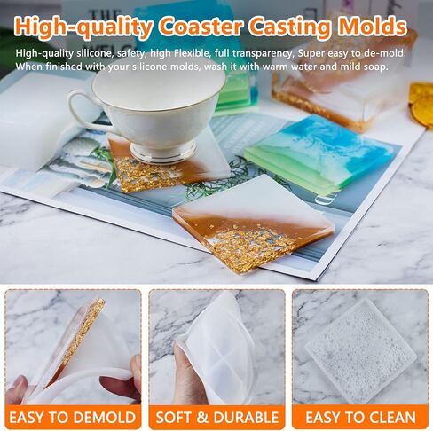 قوالب كوستر الراتنج مجموعة سيليكون 10 قطع، قوالب كوستر إيبوكسي الراتنج لصب الراتنج، 2 قطعة حامل، 4 قطع مربع و 4 قطع قواعد أكواب دائرية للحرف اليدوية، الحصير الكئب، ديكور المنزل in Kuwait