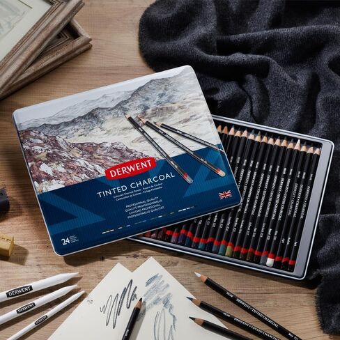 Derwent Tinted Charcoal Pencils, 4mm Core, Metal Tin, 24 Count (2301691) in Saudi Arabia