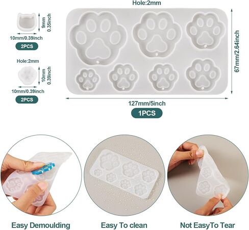 Magibeads 5Pcs Paw Print Silicone Molds Cute Cat Head Dog Resin Mold Pet Paw Footprint Resin Casting Molds for Crafts DIY Dog Collar Earring Keychain UV Epoxy Resin Jewelry Making Supplies in Kuwait