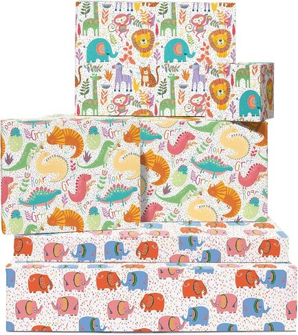 CENTRAL 23 Wrapping Paper for Boys (x6) Sheets - Dinosaurs and Safari Animals - For Girls - New Baby Birthday Gift Wrap - Green and Blue - Recyclable in Saudi Arabia