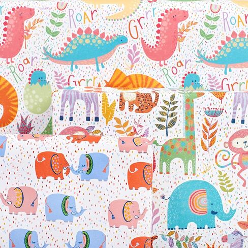 CENTRAL 23 Wrapping Paper for Boys (x6) Sheets - Dinosaurs and Safari Animals - For Girls - New Baby Birthday Gift Wrap - Green and Blue - Recyclable in Saudi Arabia