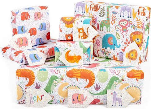 CENTRAL 23 Wrapping Paper for Boys (x6) Sheets - Dinosaurs and Safari Animals - For Girls - New Baby Birthday Gift Wrap - Green and Blue - Recyclable in Saudi Arabia