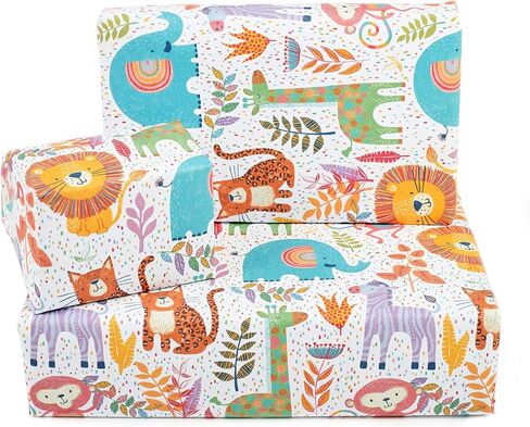 CENTRAL 23 Wrapping Paper for Boys (x6) Sheets - Dinosaurs and Safari Animals - For Girls - New Baby Birthday Gift Wrap - Green and Blue - Recyclable in Saudi Arabia