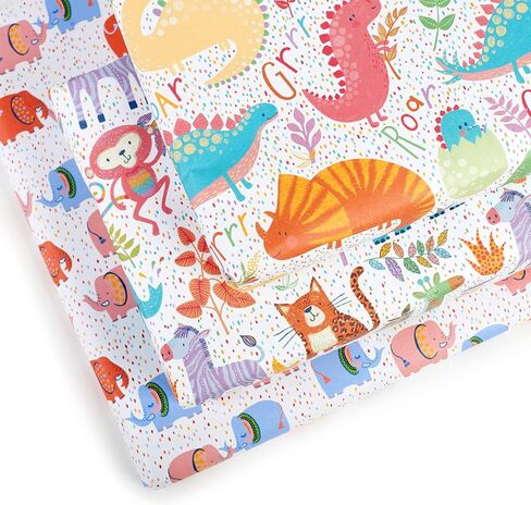 CENTRAL 23 Wrapping Paper for Boys (x6) Sheets - Dinosaurs and Safari Animals - For Girls - New Baby Birthday Gift Wrap - Green and Blue - Recyclable in Saudi Arabia
