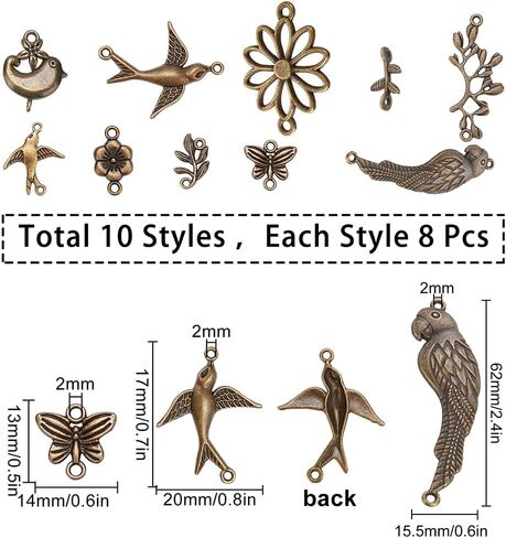 SUNNYCLUE 1 Box 80PCS 10 Styles Bird Tree Leaf Connector Charms Alloy Links Findings Chakra Craft Supplies for DIY Jewelry Bracelet Necklace Earring Making Crafting Accessories，Antique Bronze in Saudi Arabia
