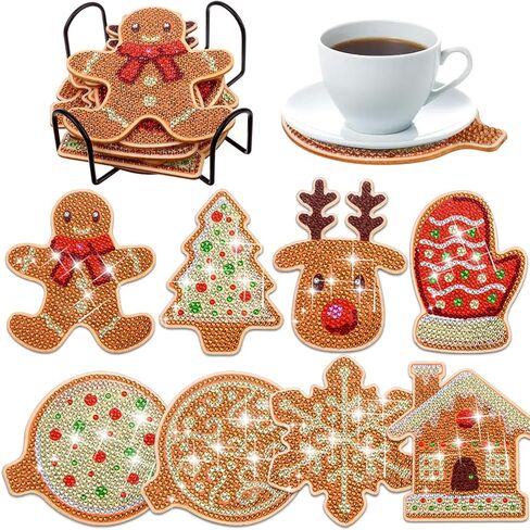 8Pcs Christmas Gingerbread Man Diamond Painting Coasters with Holder DIY Diamond Art Coaster for Xmas Christmas Diamond Art Kits for Kids Adult Table Decor in Kuwait