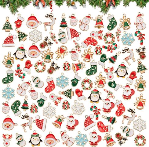 Noverlife 100 قطعة من سحر عيد الميلاد المعدني DIY، دلايات مجوهرات عيد الميلاد المينا الذهبية لصنع المجوهرات، سبيكة عطلات الشتاء سحر القرط سوار قلادة مطلية بالذهب سحر فني DIY in Kuwait