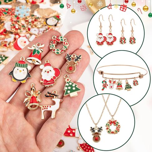 Noverlife 100 قطعة من سحر عيد الميلاد المعدني DIY، دلايات مجوهرات عيد الميلاد المينا الذهبية لصنع المجوهرات، سبيكة عطلات الشتاء سحر القرط سوار قلادة مطلية بالذهب سحر فني DIY in Kuwait