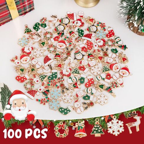 Noverlife 100 قطعة من سحر عيد الميلاد المعدني DIY، دلايات مجوهرات عيد الميلاد المينا الذهبية لصنع المجوهرات، سبيكة عطلات الشتاء سحر القرط سوار قلادة مطلية بالذهب سحر فني DIY in Kuwait