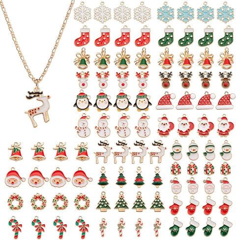 Noverlife 100 قطعة من سحر عيد الميلاد المعدني DIY، دلايات مجوهرات عيد الميلاد المينا الذهبية لصنع المجوهرات، سبيكة عطلات الشتاء سحر القرط سوار قلادة مطلية بالذهب سحر فني DIY in Kuwait