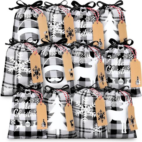 15 Pieces Christmas Plaid Bags with Drawstring Cloth Fabric Gift Bags Xmas Treat Candy Bag Sacks with 15 Tag Labels and 9.84 Feet Rope for Birthday Christmas Party Favor, 5 Styles (Black and Red) in Saudi Arabia